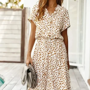 Robe midi femme à pois avec lien taille et manches courtes